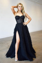 Black Spaghetti Straps Front Split Mermaid Long Evening Dress with Lace Appliques