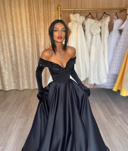 Black Strapless Off the Shoulder A-Line Long Satin Evening Dress with Gloves