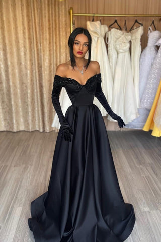 Black Strapless Off the Shoulder A-Line Long Satin Evening Dress with Gloves