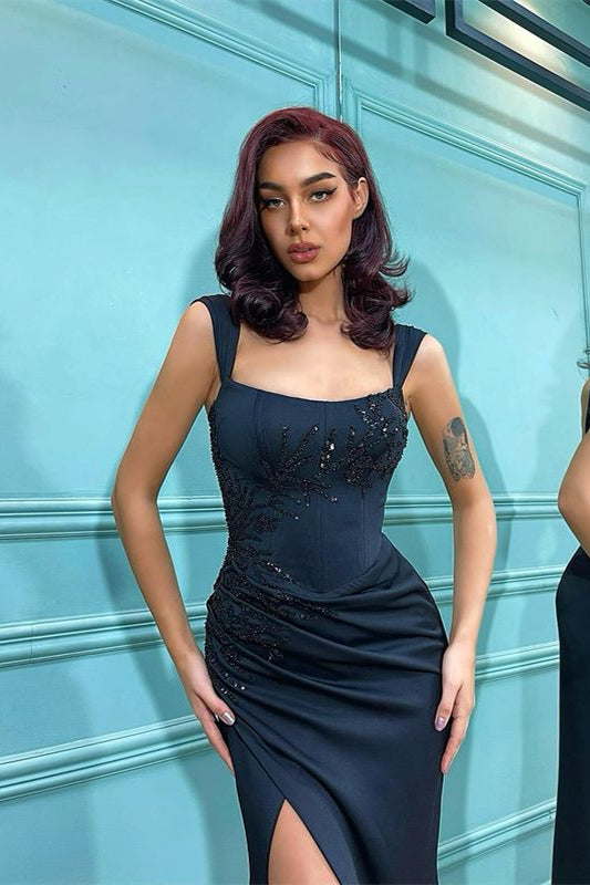 Black Straps Mermaid Prom Dress Satin Long with Split
