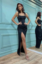 Black Straps Mermaid Prom Dress Satin Long with Split