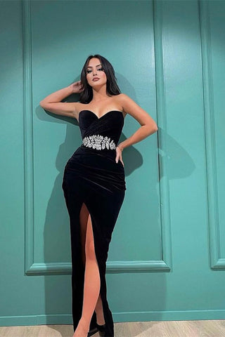 Black Sweetheart Long Mermaid Velvet Appliques Lace Prom Dress with Split