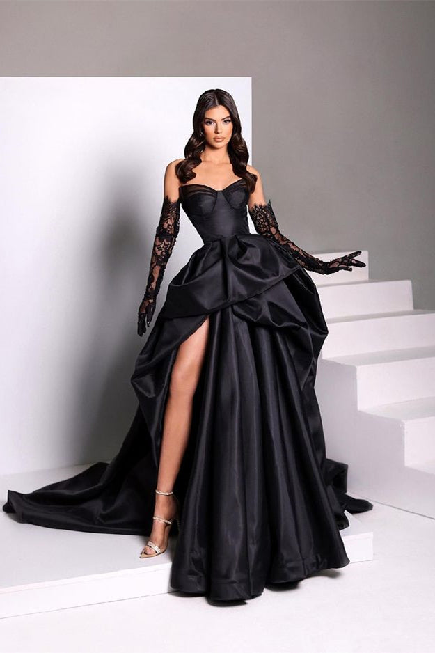 Black A-line Sweetheart Taffeta Slit Evening Dress with Long Lace Gloves