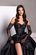 Black A-line Sweetheart Taffeta Slit Evening Dress with Long Lace Gloves