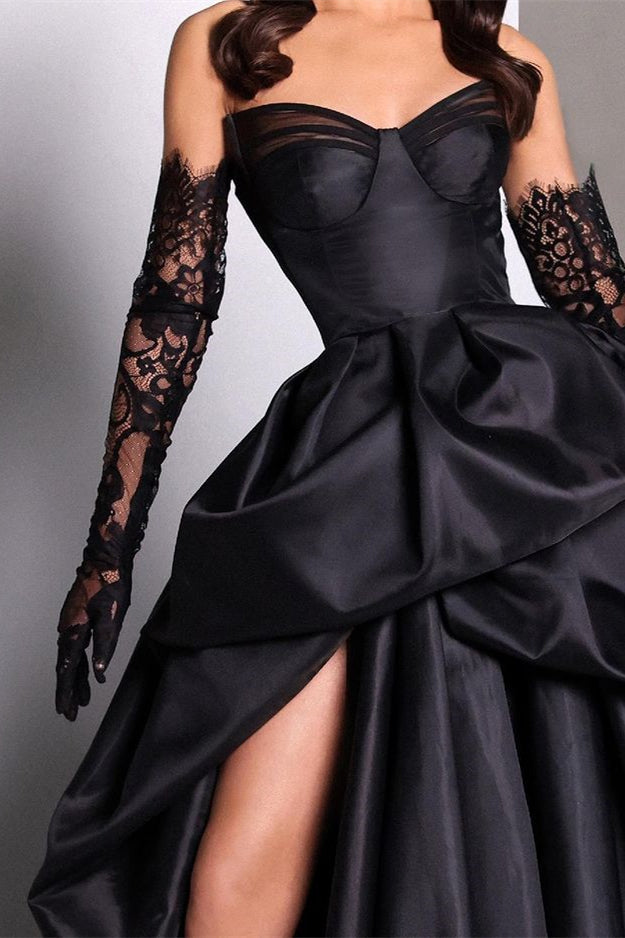 Black A-line Sweetheart Taffeta Slit Evening Dress with Long Lace Gloves