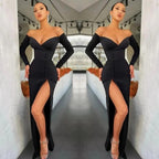 Vestido de noite preto com mangas compridas, estilo sereia, ombros descobertos, com racha frontal