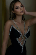 Schwarzes V-Ausschnitt Meerjungfrau Perlen Satin Ärmellos Lange Abendkleider