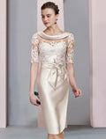 Etuikleid/Säulenkleid für die Brautmutter, elegantes U-Ausschnitt-Kleid für Hochzeitsgäste, knielang, Satin, Spitze, halbe Ärmel mit Schleifenapplikationen