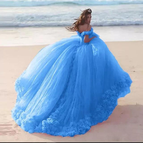 NumberSea Romantisches, bauschiges, rosa Brautkleid mit Blumenmuster, schulterfrei