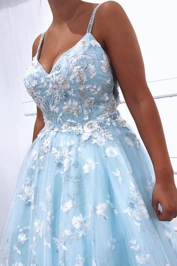 Vestido de festa/noite comprido com aplicações de renda e tule azul Exquistie PSK022