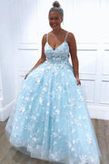 Abito da Sera/da Ballo Lungo a Linea A in Tulle con Appliques di Pizzo Blu Esquisite  PSK022