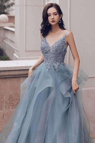 V Neck Ruffles Gray Blue Long Prom Dress Organza Evening Dress PSK016