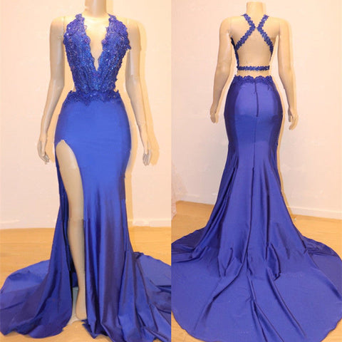 Halter Mermaid Long Satin Lace Appliques Prom Dress with Split