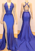 Vestido de Fiesta Largo de Sirena con Aplicaciones de Encaje en Seda y Abertura Lateral