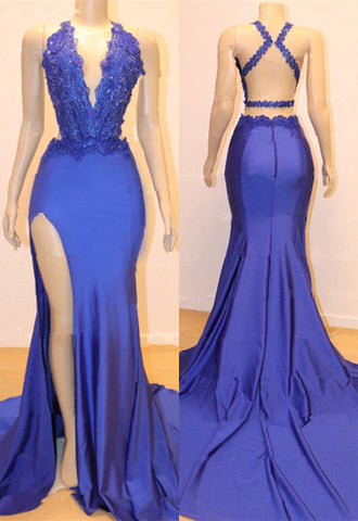 Halter Mermaid Long Satin Lace Appliques Prom Dress with Split