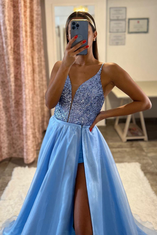 Long A-line Lace-Up V-Neck Spaghetti Strap Satin Prom Dress with Slit