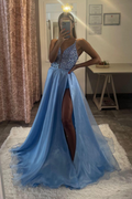 Vestido de fiesta satinado largo en línea A con escote en V, tirantes finos, lazo delantero y abertura lateral
