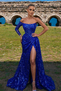 Vestido de Noche Largo de Manga Larga Estilo Sirena con Hombros Descubiertos y Lentejuelas Azul Real con Abertura Frontal