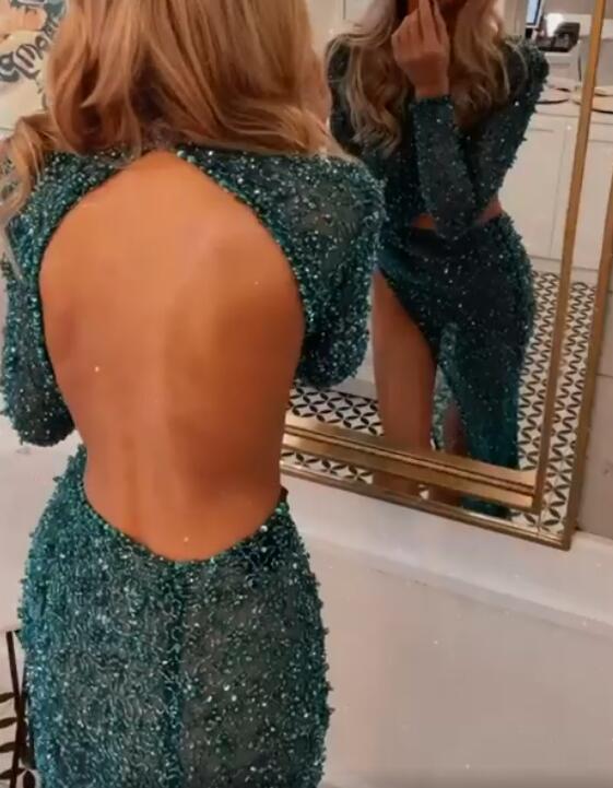 Long Sleeves Sequins Mermaid Open Back Evening Dress with Split