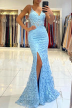 Blue Long V-neck Open Back Lace Mermaid Prom Dress with slit