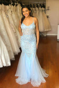 Abito da Sera/da Cerimonia in Tulle Sirena Blu con Spaghetti e Paillettes  PG999
