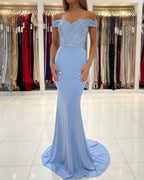 Blue Off-the-shoulder Long Mermaid Prom Dresses With Lace