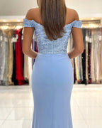 Blue Off-the-shoulder Long Mermaid Prom Dresses With Lace