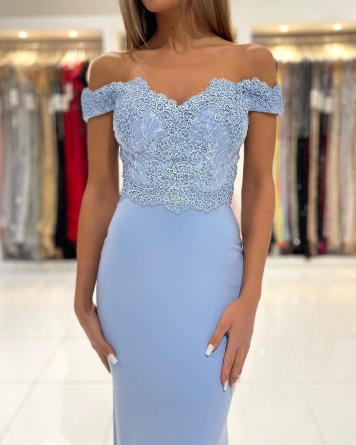 Blue Off-the-shoulder Long Mermaid Prom Dresses With Lace
