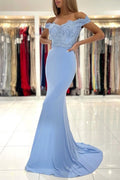 Vestidos de baile compridos estilo sereia com decote ombro a ombro e renda