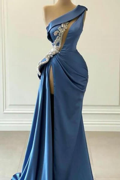 Long Satin One Shoulder Mermaid Prom Dress with Beading