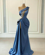 Long Satin One Shoulder Mermaid Prom Dress with Beading