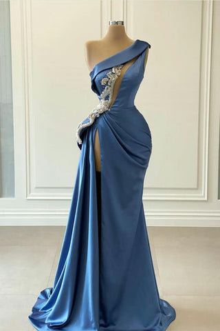 Long Satin One Shoulder Mermaid Prom Dress with Beading