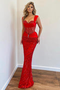 Vestidos de Noche Largos de Sirena Rojos Sin Mangas con Tirante Ancho en el Hombro