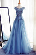 Abito da Sera Lungo Blu in Tulle e Pizzo con Scollo Tondo PSK204