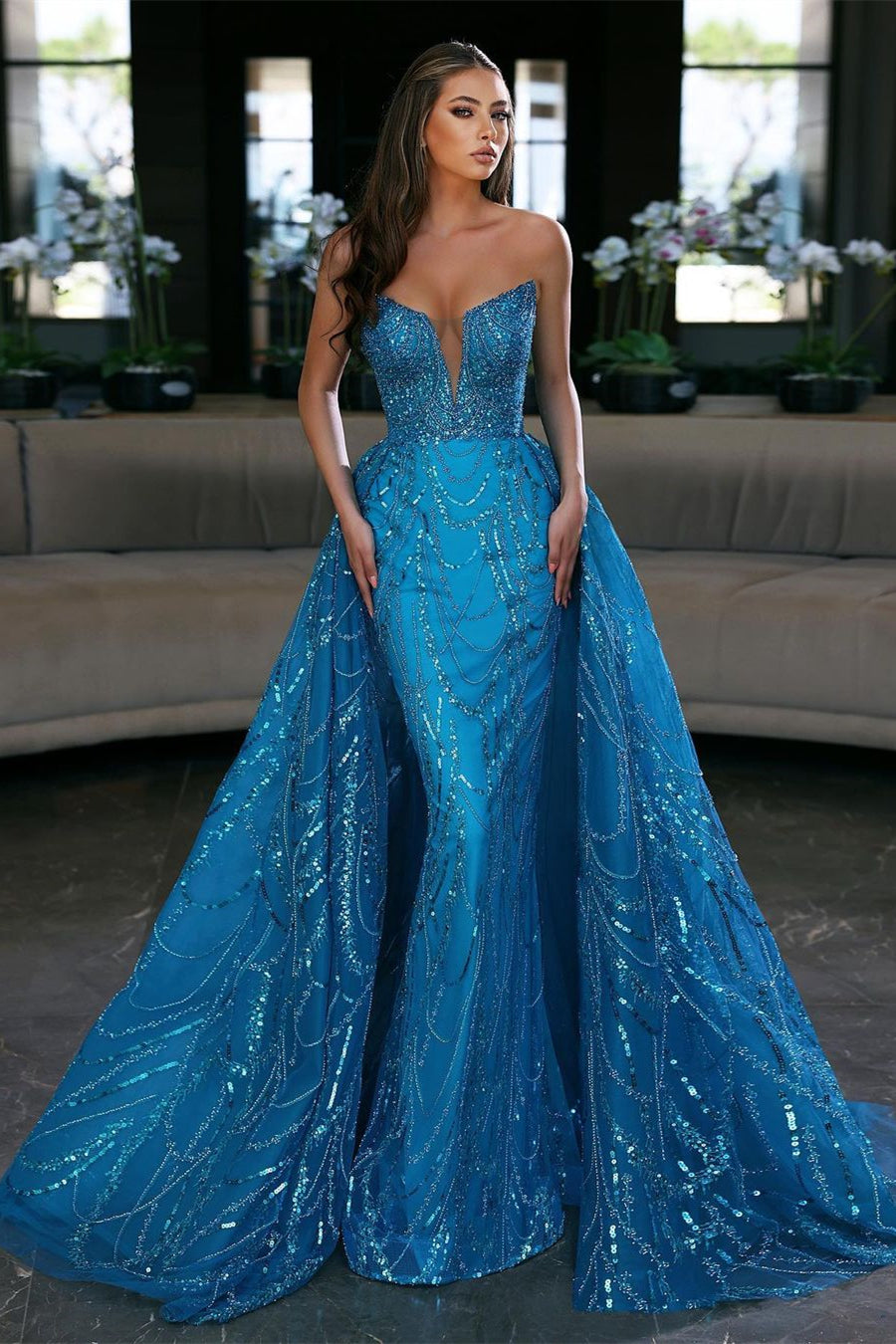 Blue Sequin Embellished Sleeveless Strapless Evening Gown with Detachable Train