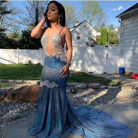 Mermaid Long Sequined Spaghetti Straps Formal Prom Dress