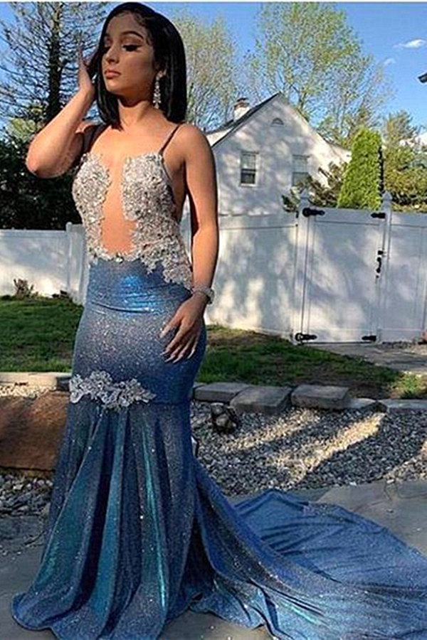 Mermaid Long Sequined Spaghetti Straps Formal Prom Dress