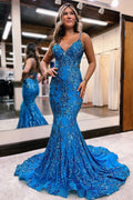 Robe de soirée à paillettes bleues avec applique sirène sans manches à fines bretelles spaghetti