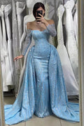 Vestido de Noche de Manga Larga Tipo Sirena con Escote Corazón, Caído de Hombros y Volantes