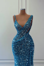 Mermaid V-neck Sleeveless Long Sequins Evening Dress