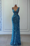 Vestido de noche largo, escote en V, sin mangas, silueta sirena con lentejuelas