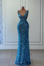 Mermaid V-neck Sleeveless Long Sequins Evening Dress