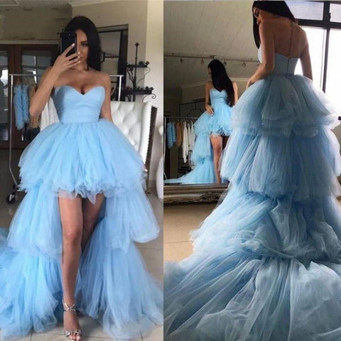 Sky Blue A-line Sweetheart Tulle High Low Formal Prom Dress