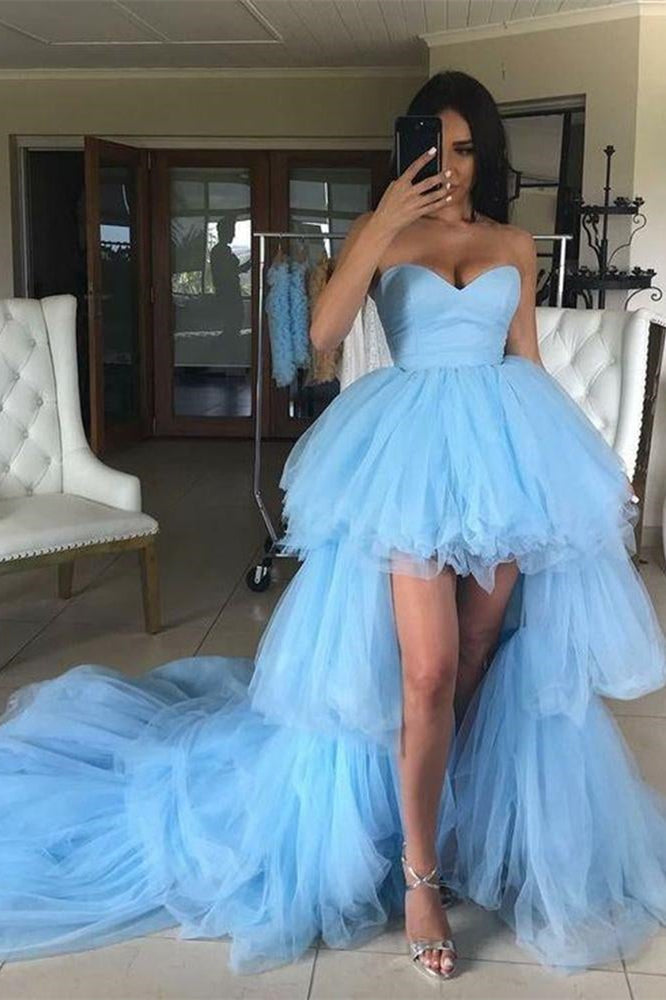 Sky Blue A-line Sweetheart Tulle High Low Formal Prom Dress