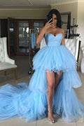 Vestido de Fiesta Formal Alto Bajo de Tul con Escote Corazón y Corte A en Azul Cielo