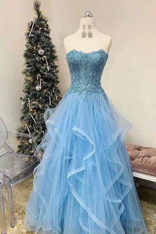 Tulle Lace Appliques Sweetheart Layered Blue Long Prom Dress PG929