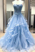 Applicazioni in Pizzo Tulle Abito Lungo da Ballo a Strati Scollato a Cuore Blu PG929