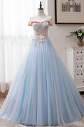 Abito da Ballo Lungo Sfoggiato Spalle Scoperte con Appliques in Tulle Blu PSK027