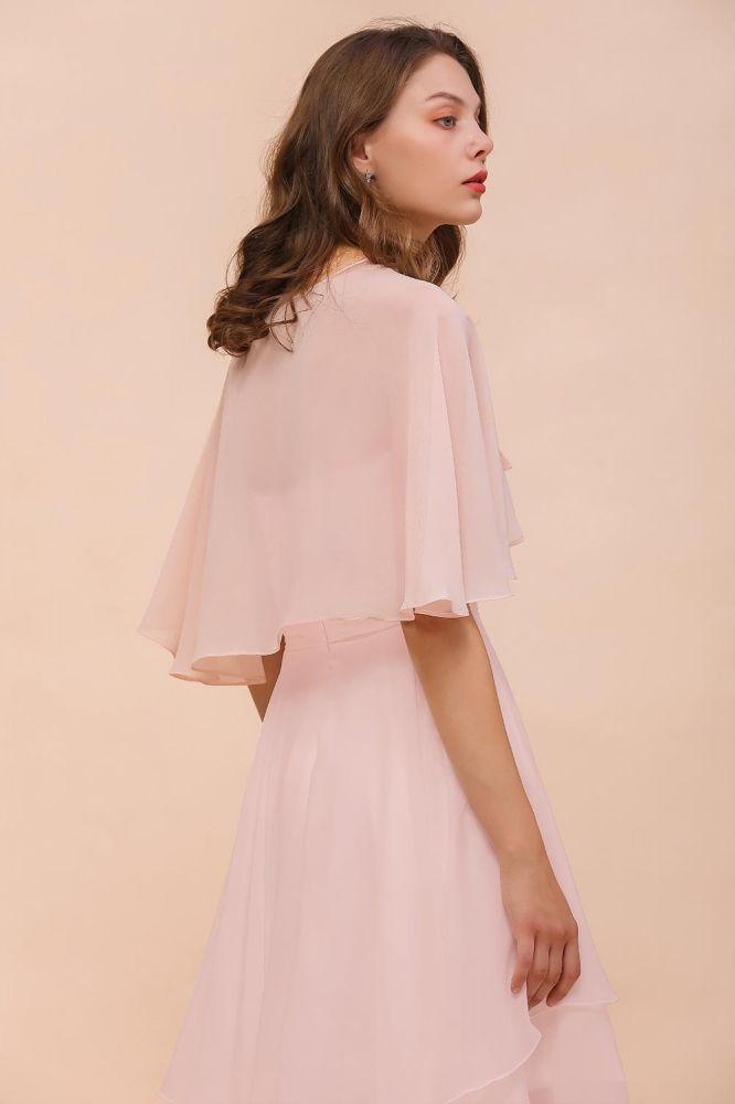 Blushing Pink Bridesmaid Dress Knee Length Simple Chiffon Girls Party Dress with Wraps