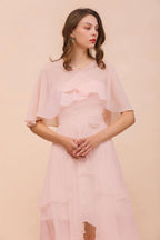 Blushing Pink Bridesmaid Dress Knee Length Simple Chiffon Girls Party Dress with Wraps